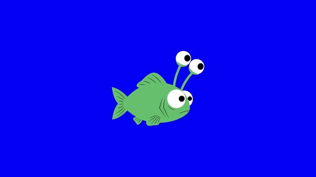 A whimsical 2D vector animation showcasing a funny green three-eyed fish character swimming smoothly against a solid rich blue background. Perfect for baby sensory videos, children's animated stories,