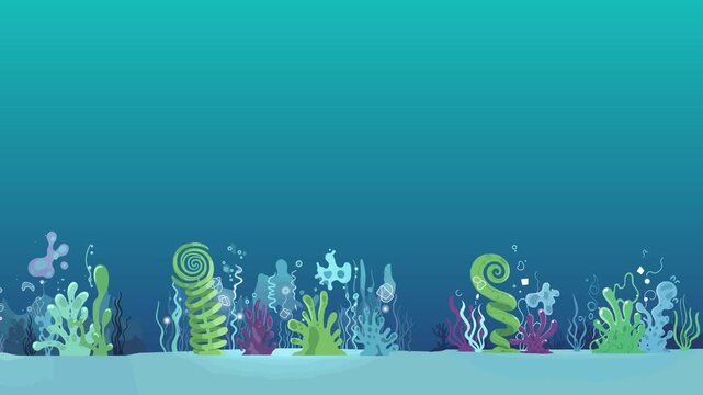 A beautiful 2D vector graphic background featuring a seamless scrolling underwater scene with stylized coral reefs, seaweed, and ocean flora drifting gently at the bottom of a deep turquoise sea. Grea