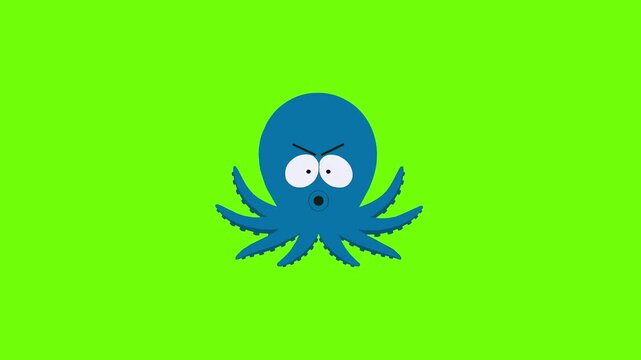 A playful 2D vector animation featuring a funny blue cartoon octopus floating and swimming with moving tentacles against a solid green screen backdrop. Perfect for children's educational content, ocea