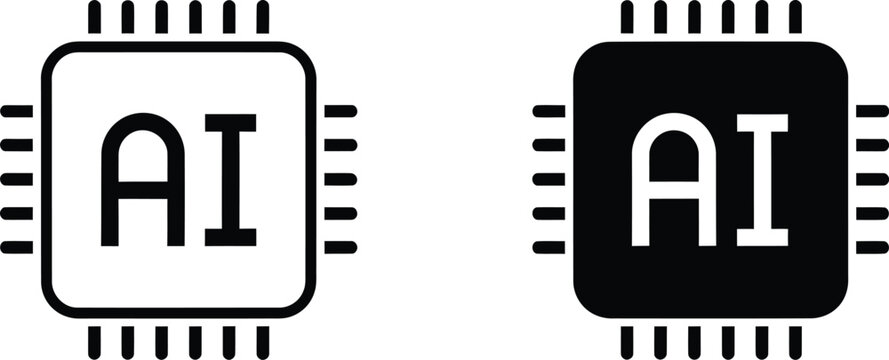Brain connected to computer chip icon set