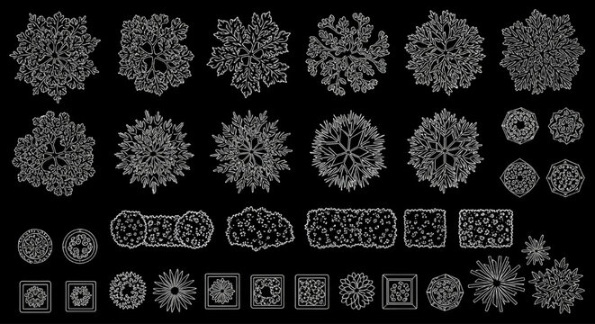 Stylized Tree Garden Top View Blueprint Vector Set &ndash; Architectural Site Plan Foliage Symbols AutoCAD White Outline on Black Background