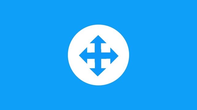 Animated four-way directional arrows icon inside circle on blue background motion graphic.
