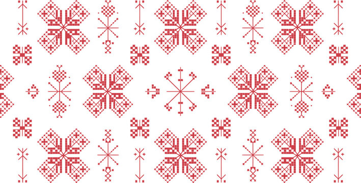 Red and white pixelated geometric folk pattern with floral and star motifs