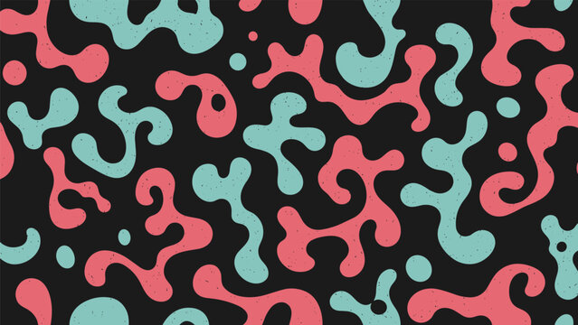Abstract seamless pattern featuring organic amoeba-like shapes in contrasting pink and teal, imbued with a subtle grunge texture on a deep black background.