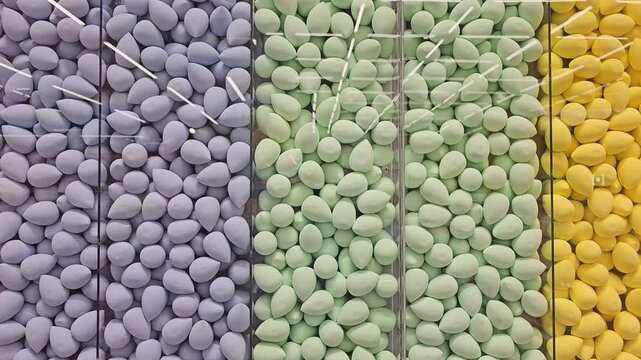 Colored cosmetic cushion sponges arranged in vertical transparent containers. Full frame background of beauty product display in retail store. Makeup tools and skincare application concept. Front view