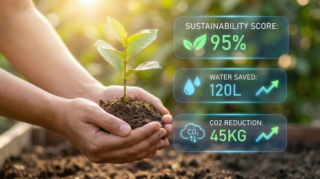 Hands hold young plant in soil with sustainability score, water saved, and CO2 reduction displayed in garden setting