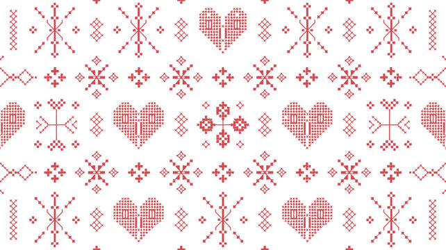 Red and white pixelated Scandinavian folk pattern with hearts and snowflakes