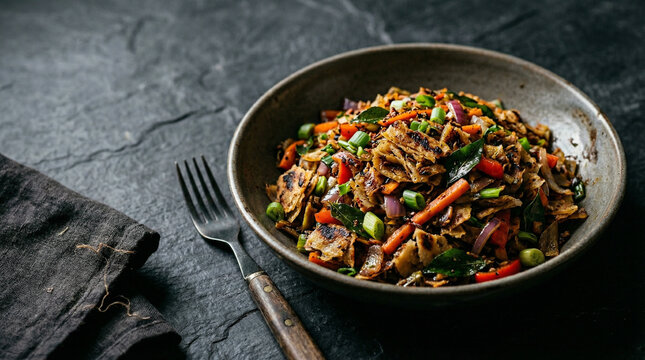 Gourmet Kottu Roti with Vegetables in Ceramic Bowl on Dark Stone Table
