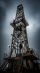 Obraz premium Oil Drilling Rig Derrick Low Angle Industrial Photography Against Dark Cloudy Sky for Energy Industry