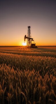 Oil Pump Jack Silhouette Photograph in Golden Wheat Field at Sunset for Energy and Agriculture Industry