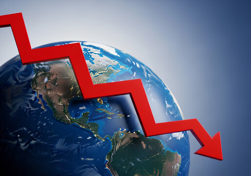 Global economic downturn and financial crisis concept with falling arrow and Earth