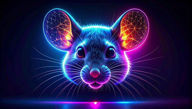Stylized glowing mouse face with neon light patterns, vivid gradient colors, futuristic digital artwork against dark background.