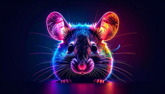 Stylized glowing mouse face with neon light patterns, vivid gradient colors, futuristic digital artwork against dark background.