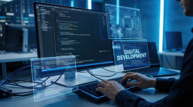 Hands work on a keyboard in a tech lab with computer screens showing code and digital development concepts at night