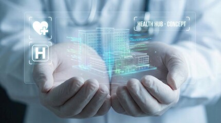 Obraz premium Digital health hub concept shown in hands by medical professional during a tech presentation in a busy hospital setting
