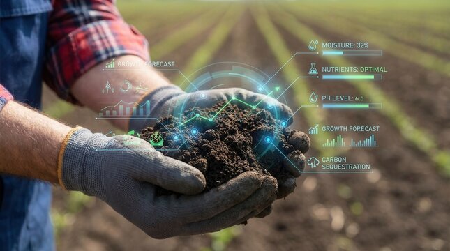 Farm worker holding soil while looking at data on moisture, nutrients, and growth forecast in a field during daytime