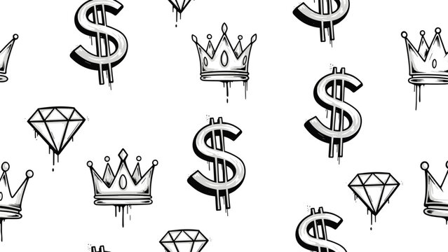 Edgy seamless pattern featuring dripping dollar signs, stylish crowns, and sparkling diamonds, rendered in a graffiti-inspired monochrome and metallic style.