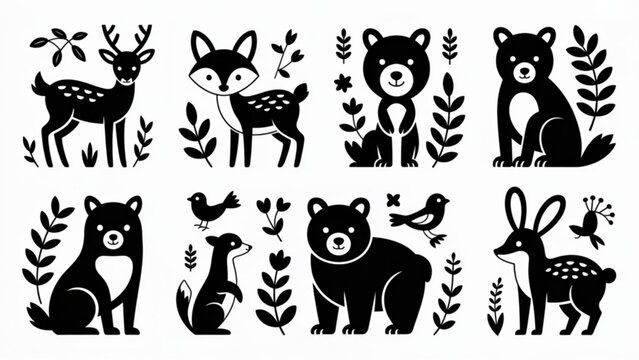 Scandinavian Animal Stamp Set Folk Woodland Silhouette Vector Collection