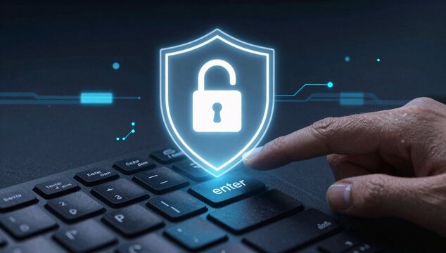 Finger presses enter key on keyboard with lock inside shield graphic hovering above the keyboard