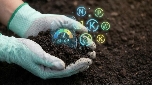 Soil testing and analysis showing pH levels and nutrient information with hands holding soil