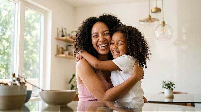 Happy black mom and daughter hugging, laughing together