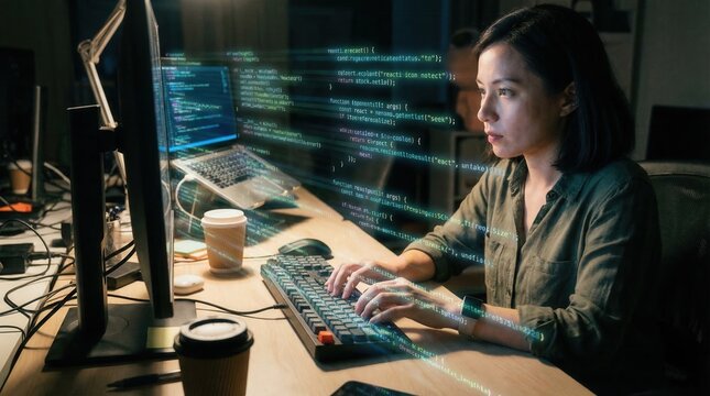 Woman works on computer coding at night in a modern office with multiple screens and coffee on the table