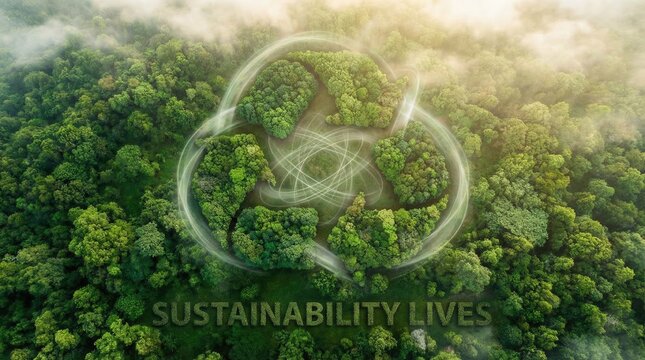 Sustainability lives in green forests with recycling symbol formed by trees and natural surroundings