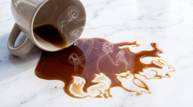 Spilled hot coffee forming playful animal shapes on marble surface with rising steam and soft natural light conveying cozy morning surprise and whimsical mood