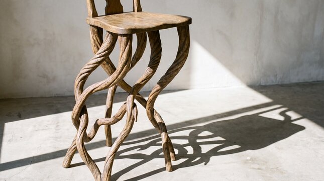 Sculptural wooden stool with twisted vine like legs casting dramatic shadows on sunlit concrete floor, rustic natural texture and organic craftsmanship evoke warm artisanal charm