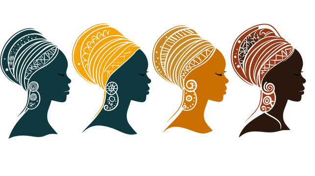Silhouettes of four African women in profile, adorned with headscarves & earrings