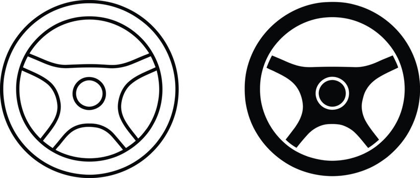 Car steering wheel icon set in outline and solid black design