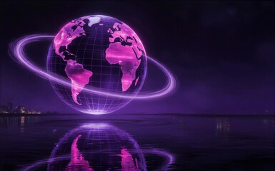 Obraz premium Purple digital globe floats above water glowing with futuristic rings