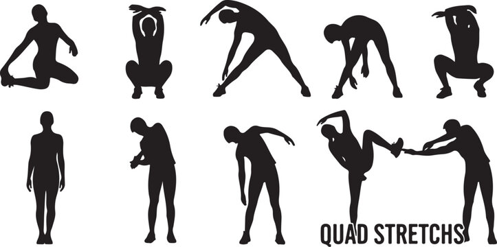 Black silhouette vector icons of people doing quad stretches, exercise illustrations, fitness graphics, stretch poses