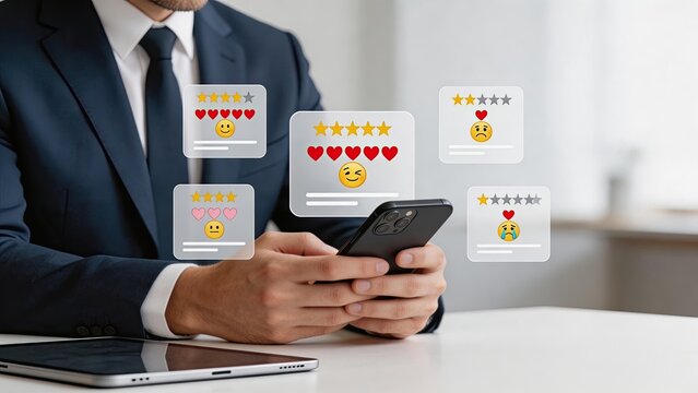 Businessman holding smartphone reviewing customer feedback online rating with stars and emojis for product service quality check positive negative opinion