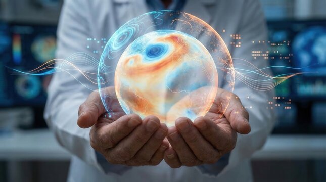 Scientists hold a glowing globe while analyzing data about Earth and its atmosphere in a lab setting