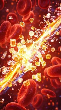 Glucose insulin blood sugar hormone diabetes bloodstream red blood cell crystal flow, medical illustration showing insulin hormone response and glucose control in blood stream for metabolism research