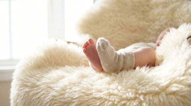 Newborn baby foot with soft sock resting on fluffy sheepskin blanket in bright window light conveying warmth and tenderness