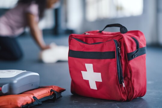 Red first aid bag next to aed device in training facility