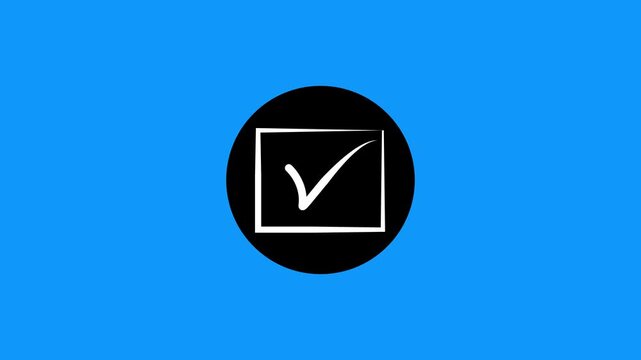 Minimalist check mark animation appearing inside white square frame on blue background mp4.