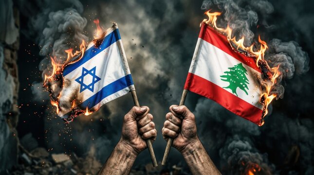 Burning Israel and Lebanon Flags Held in Hands Symbolizing Geopolitical Tension Middle East Conflict Crisis Dramatic Smoke Scene