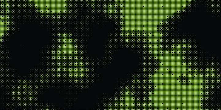 Abstract green pixelated forms float against stark black background, layered luminous depth and contemporary cyber aesthetic, creative background