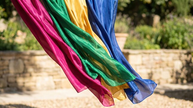 Colorful flowing silk fabric panels in magenta, green, yellow and blue caught in breeze over sunny garden patio, creating soft translucent layers and motion with warm natural light