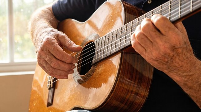 Aged hands strumming acoustic guitar near sunlit window, warm tones and intimate musical moment captured with natural light