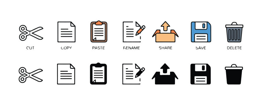 Minimal flat web icons set featuring cut copy paste rename share save and delete functions for user interface.