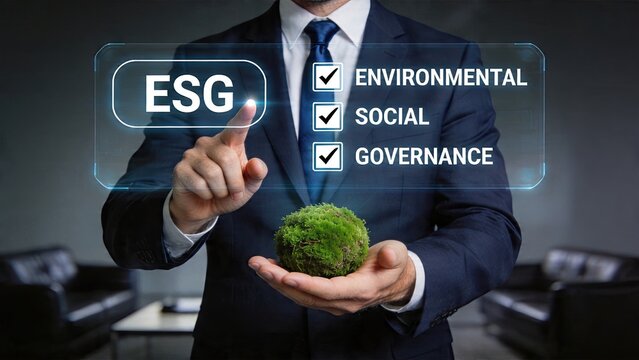 Businessman holding green moss in hand touching holographic interface displaying ESG acronym Environmental Social Governance concept sustainable corporate strategy future