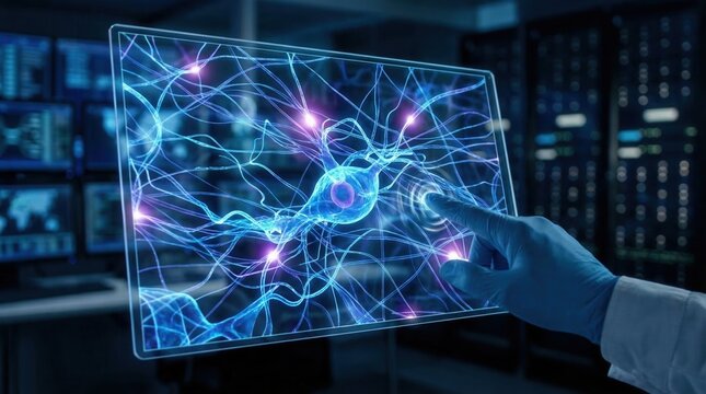 Scientists study neural networks in a lab using advanced technology to visualize brain activity and neuron connections in real time during research