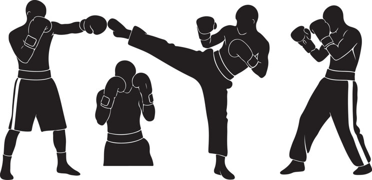 Martial arts silhouettes, kickboxing vector icons, boxing illustrations, fighting sport graphics