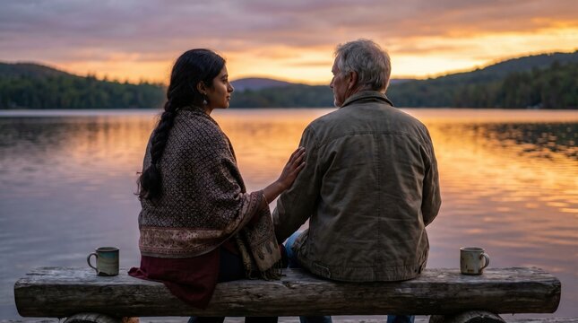 Middle aged man and young woman sitting on lakeside bench at sunset, sharing quiet, reflective moment as warm light reflects on calm water
