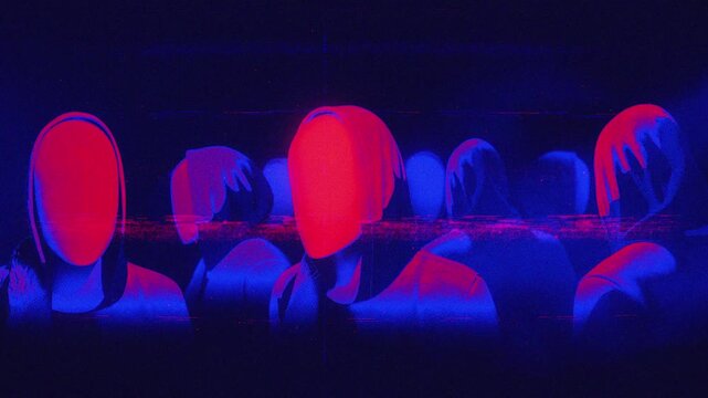 A group of faceless mannequins spinning on an endless loop in a retro style with noise and glitch effect details.
