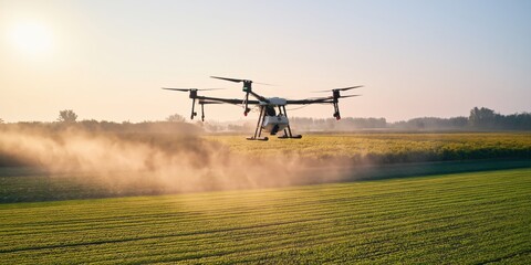 Fototapeta premium Agricultural drone spraying crops over green field at sunrise